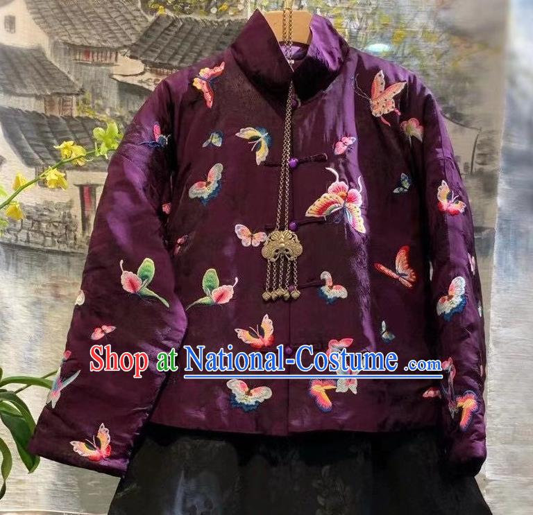 China Tang Suit Cotton Padded Coat Clothing Traditional Embroidered Butterfly Purple Silk Jacket