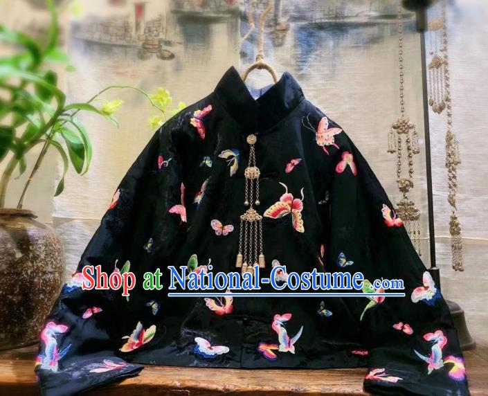 China Tang Suit Clothing Traditional Embroidered Butterfly Black Silk Jacket Cotton Padded Coat