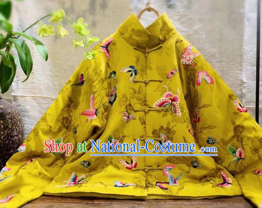 China Traditional Embroidered Butterfly Yellow Silk Jacket Cotton Padded Coat Tang Suit Clothing