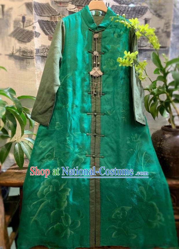 China Tang Suit Clothing National Outer Wear Traditional Green Silk Dust Coat