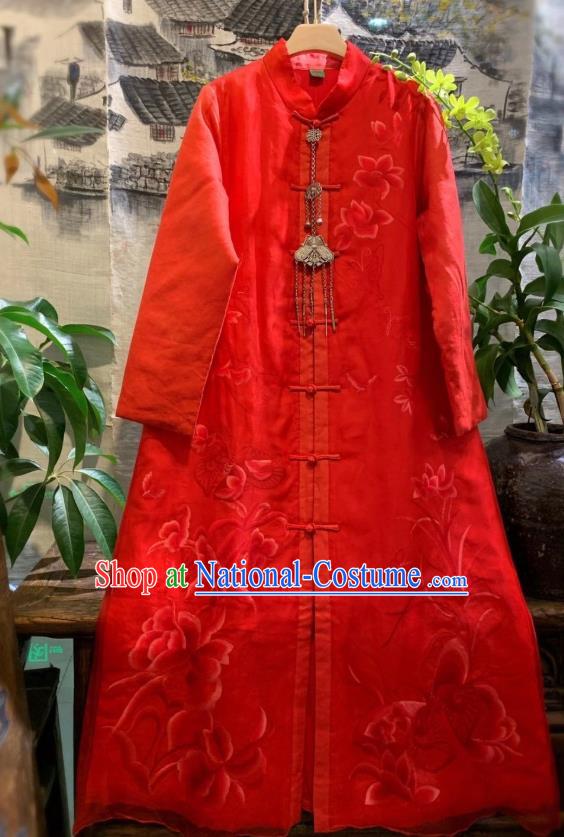 China Traditional Red Silk Dust Coat Tang Suit Clothing National Outer Wear