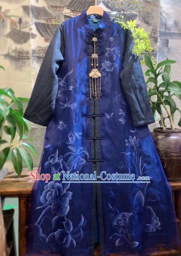 China National Outer Wear Traditional Deep Blue Silk Dust Coat Tang Suit Clothing