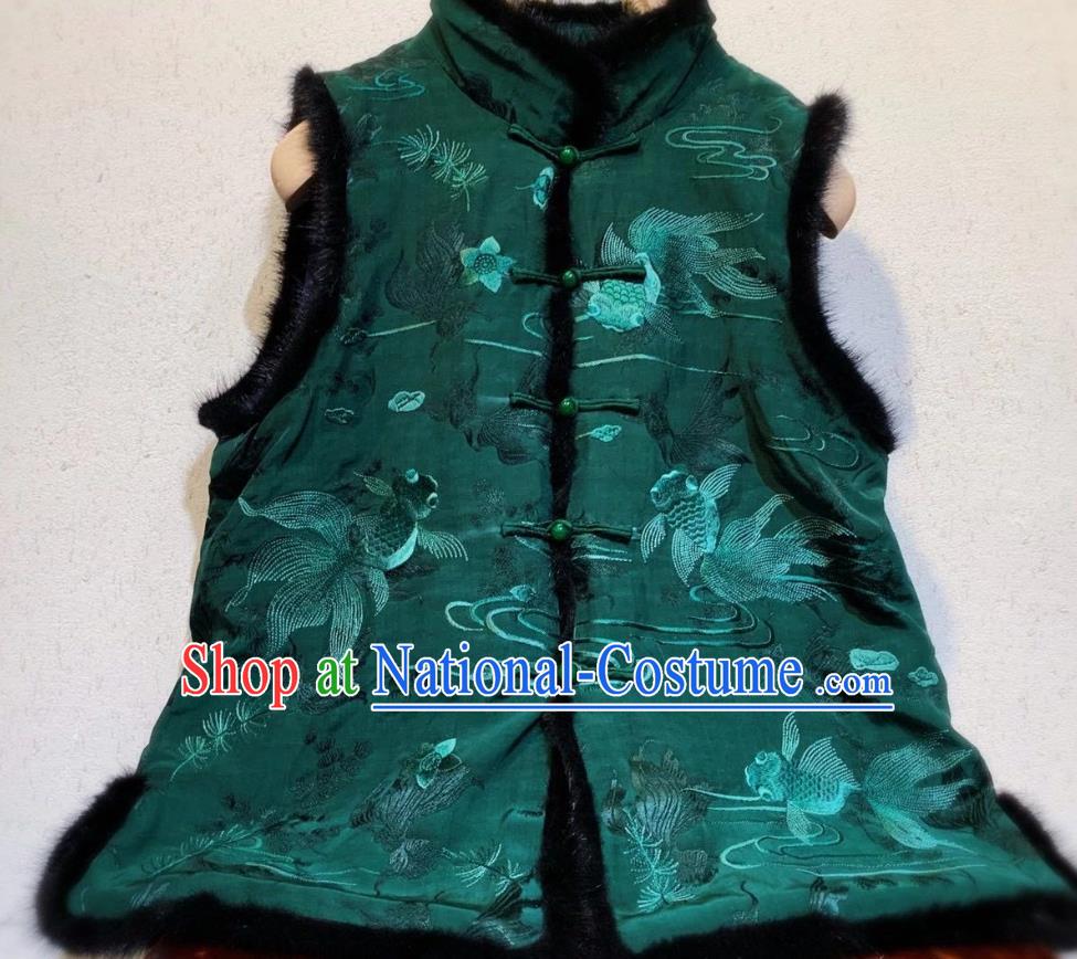 China Tang Suit Green Silk Waistcoat National Female Clothing Embroidered Goldfish Cotton Wadded Vest