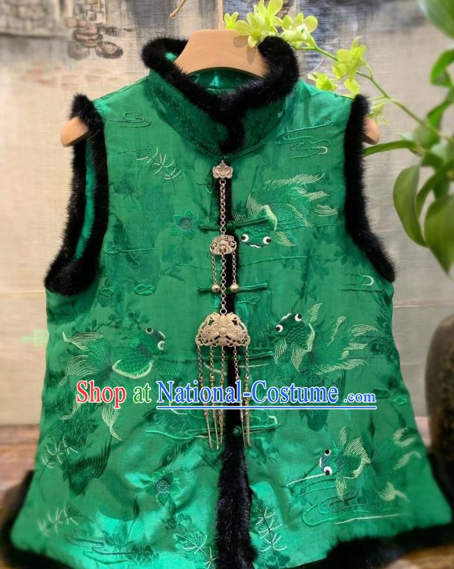 China National Female Clothing Embroidered Goldfish Cotton Wadded Vest Tang Suit Green Silk Waistcoat