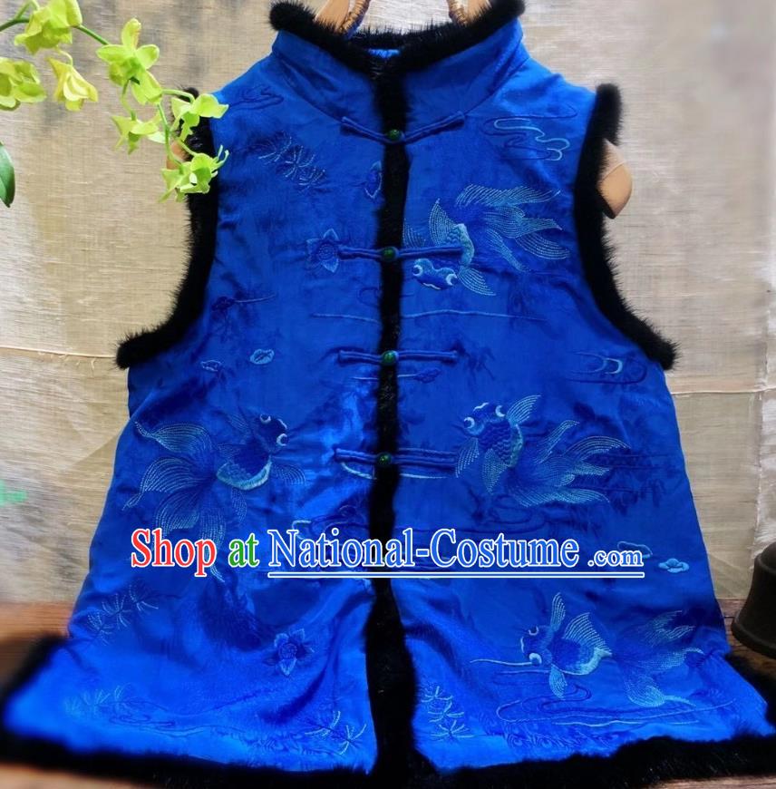 China Tang Suit Royalblue Silk Waistcoat National Winter Clothing Embroidered Goldfish Vest