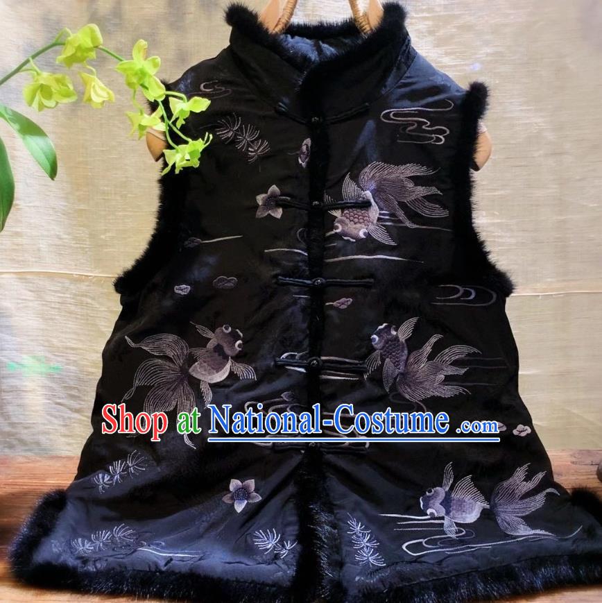 China National Clothing Embroidered Goldfish Winter Vest Tang Suit Black Silk Waistcoat