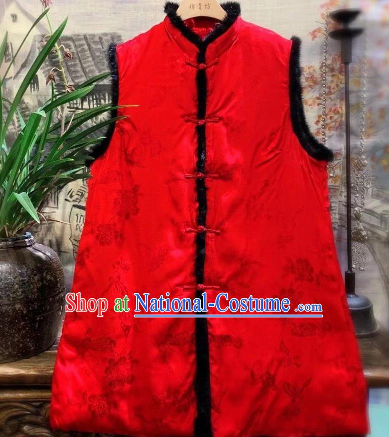 China National Butterfly Pattern Vest Women Upper Outer Garment Clothing Tang Suit Red Waistcoat