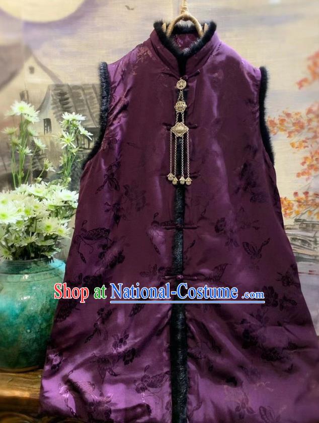 China Women Upper Outer Garment Clothing Tang Suit Deep Purple Waistcoat National Butterfly Pattern Vest