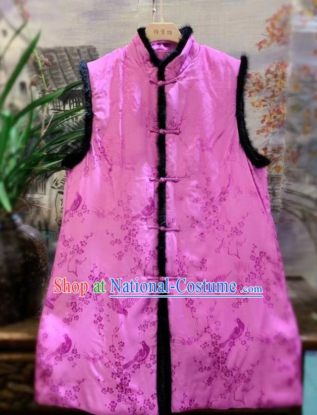 China Tang Suit Pink Waistcoat National Women Upper Outer Garment Clothing Plum Blossom Pattern Silk Vest