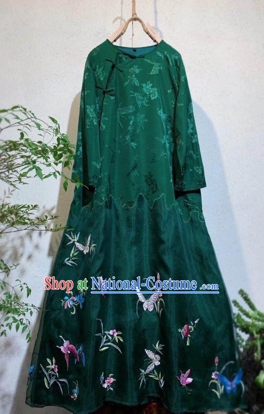 Chinese National Green Silk Cheongsam Clothing Traditional Embroidered Butterfly Long Qipao Dress