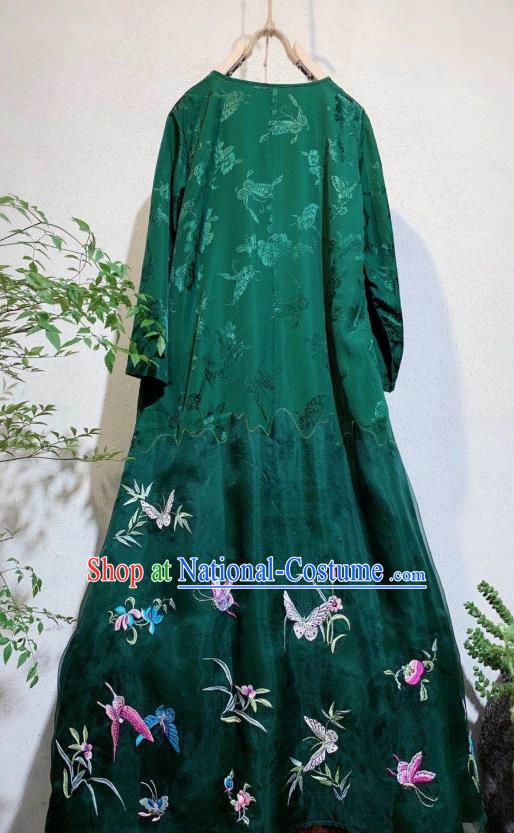 Chinese National Green Silk Cheongsam Clothing Traditional Embroidered Butterfly Long Qipao Dress