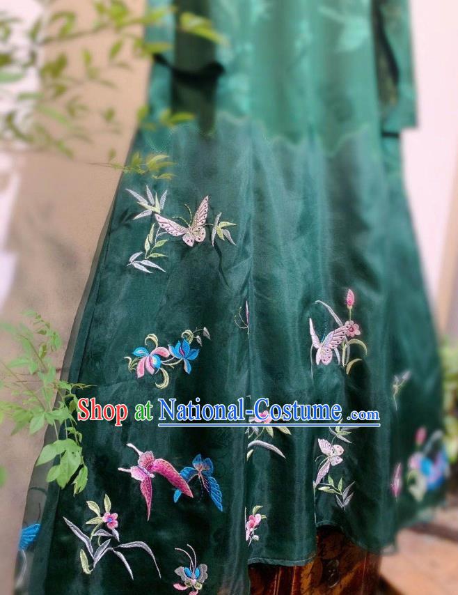 Chinese National Green Silk Cheongsam Clothing Traditional Embroidered Butterfly Long Qipao Dress