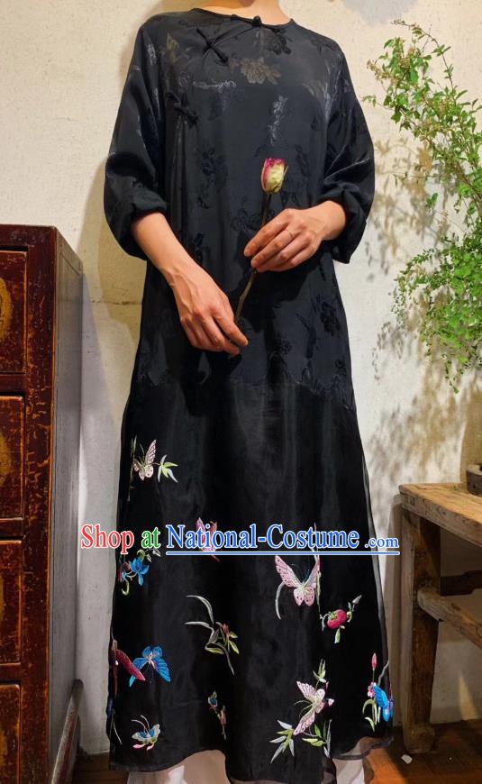 Chinese Traditional Embroidered Butterfly Long Qipao Dress National Black Silk Cheongsam Clothing