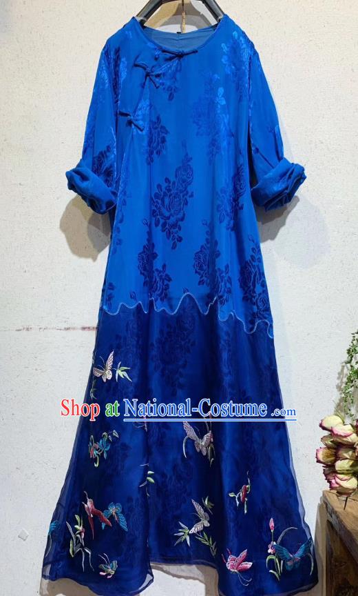 Traditional Chinese Embroidered Butterfly Long Qipao Dress National Clothing Royalblue Silk Cheongsam