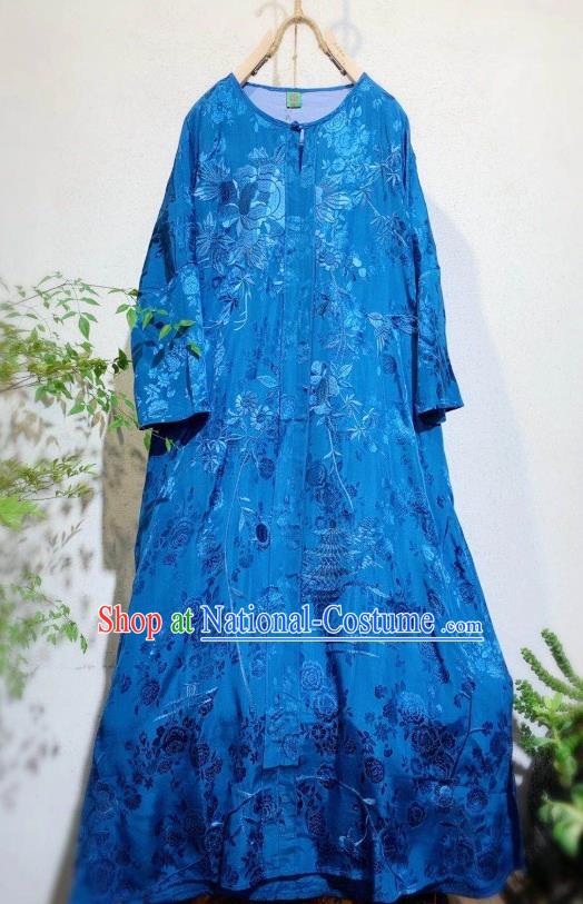 Traditional Chinese Royalblue Silk Cheongsam National Clothing Embroidered Long Qipao Dress