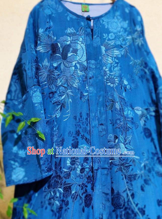 Traditional Chinese Royalblue Silk Cheongsam National Clothing Embroidered Long Qipao Dress