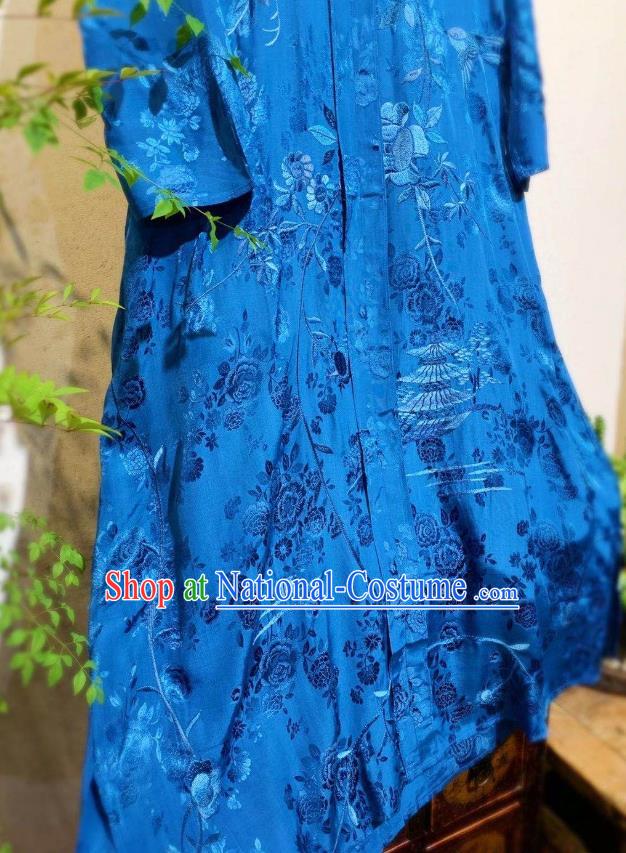 Traditional Chinese Royalblue Silk Cheongsam National Clothing Embroidered Long Qipao Dress