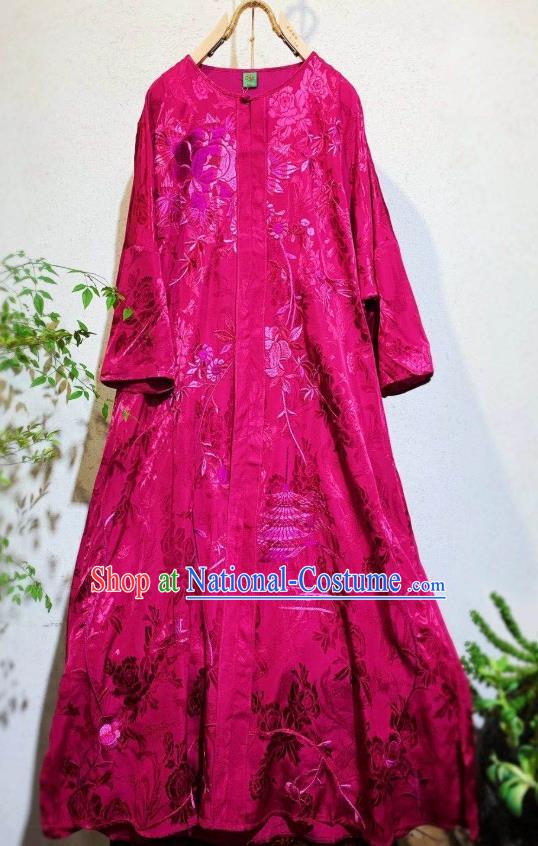 Chinese Traditional Rosy Silk Cheongsam National Clothing Embroidered Long Qipao Dress