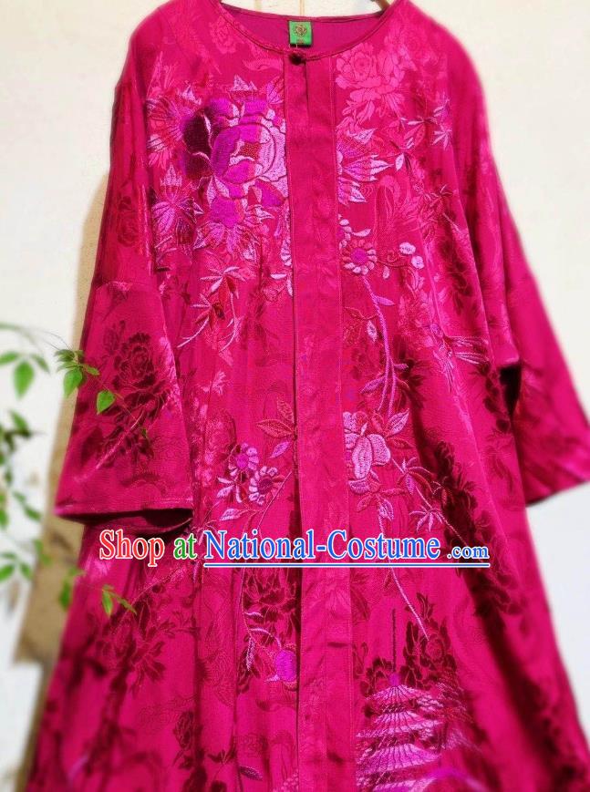 Chinese Traditional Rosy Silk Cheongsam National Clothing Embroidered Long Qipao Dress