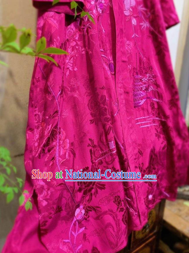 Chinese Traditional Rosy Silk Cheongsam National Clothing Embroidered Long Qipao Dress