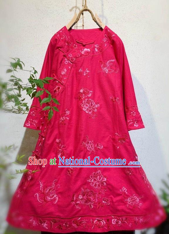 Chinese National Clothing Embroidered Rosy Flax Qipao Dress Traditional Round Collar Cheongsam