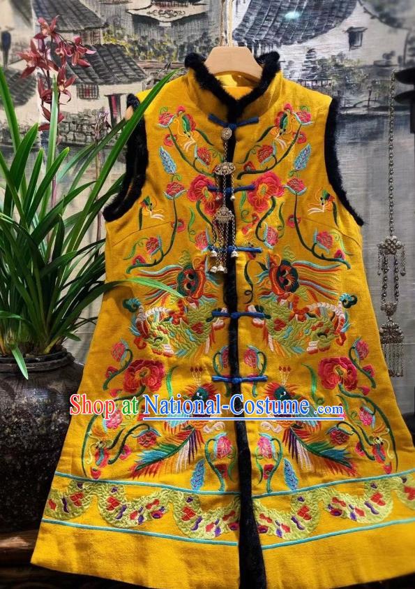 China Embroidered Dragons Yellow Vest Tang Suit Long Waistcoat National Winter Clothing