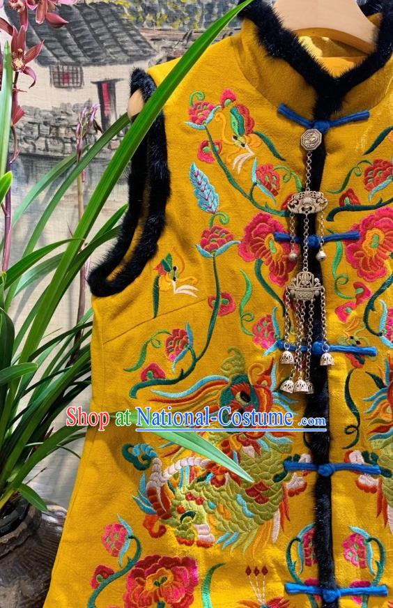 China Embroidered Dragons Yellow Vest Tang Suit Long Waistcoat National Winter Clothing