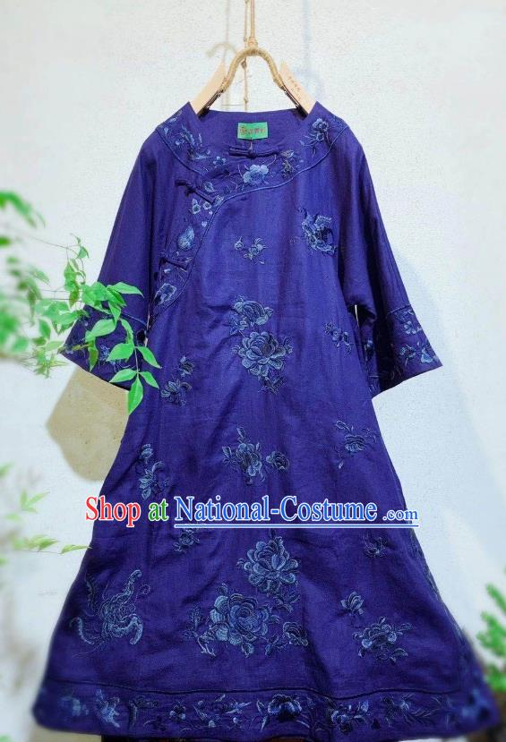 Chinese Traditional Round Collar Cheongsam National Clothing Embroidered Deep Blue Flax Qipao Dress