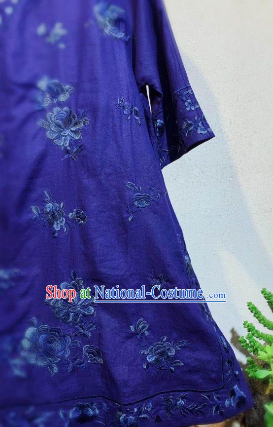 Chinese Traditional Round Collar Cheongsam National Clothing Embroidered Deep Blue Flax Qipao Dress