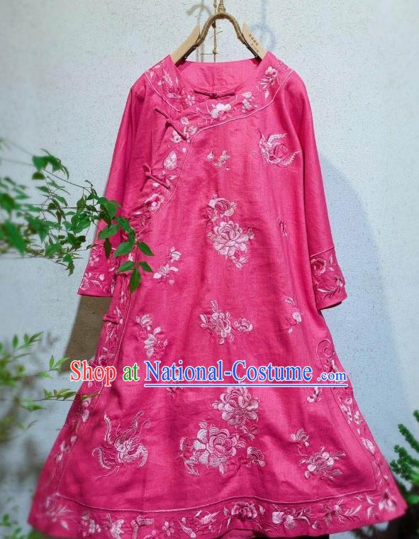 Chinese Embroidered Pink Flax Qipao Dress Traditional Round Collar Cheongsam National Clothing