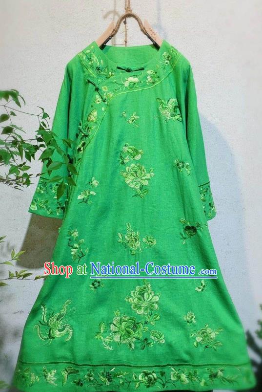 Chinese Traditional Embroidered Round Collar Cheongsam National Woman Clothing Green Flax Qipao Dress