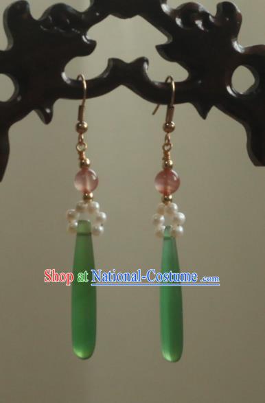 China Ancient Palace Lady Pearls Ear Jewelry Traditional Qing Dynasty Princess Jade Earrings