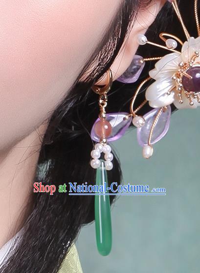 China Ancient Palace Lady Pearls Ear Jewelry Traditional Qing Dynasty Princess Jade Earrings