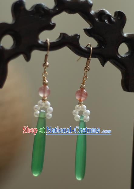 China Ancient Palace Lady Pearls Ear Jewelry Traditional Qing Dynasty Princess Jade Earrings