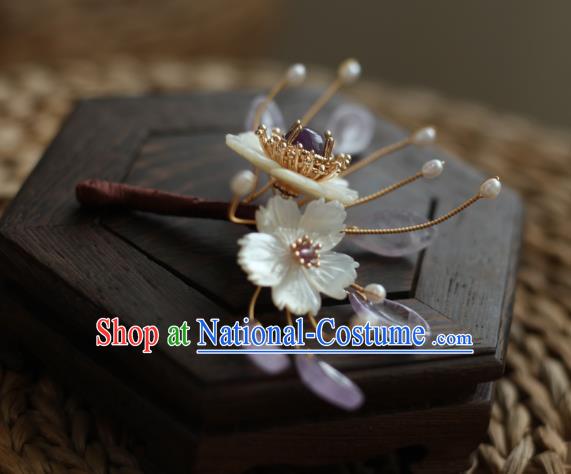 Chinese Handmade Shell Hairpin Traditional Hanfu Hair Accessories Ancient Princess Amethyst Hair Stick