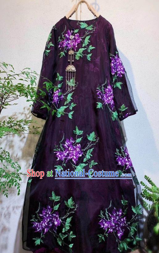 Chinese National Clothing Deep Purple Silk Qipao Dress Traditional Embroidered Cheongsam