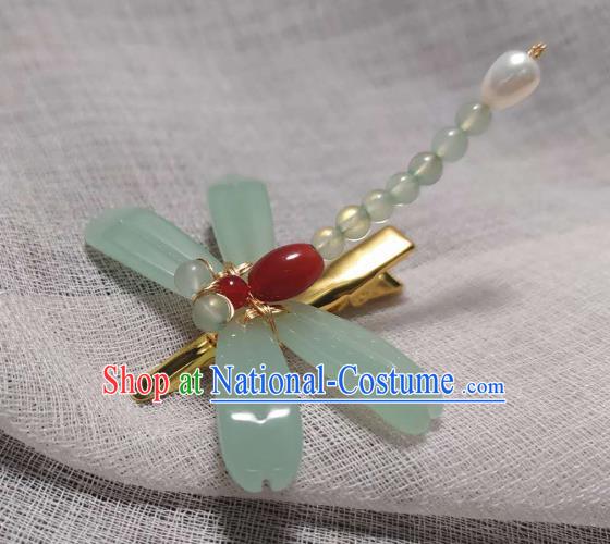 Chinese Handmade Green Dragonfly Hairpin Traditional Hanfu Hair Accessories Ancient Princess Agate Hair Stick