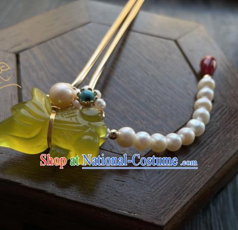 Chinese Handmade Pearls Tassel Hairpin Traditional Hanfu Hair Accessories Ancient Princess Topaz Goldfish Hair Stick