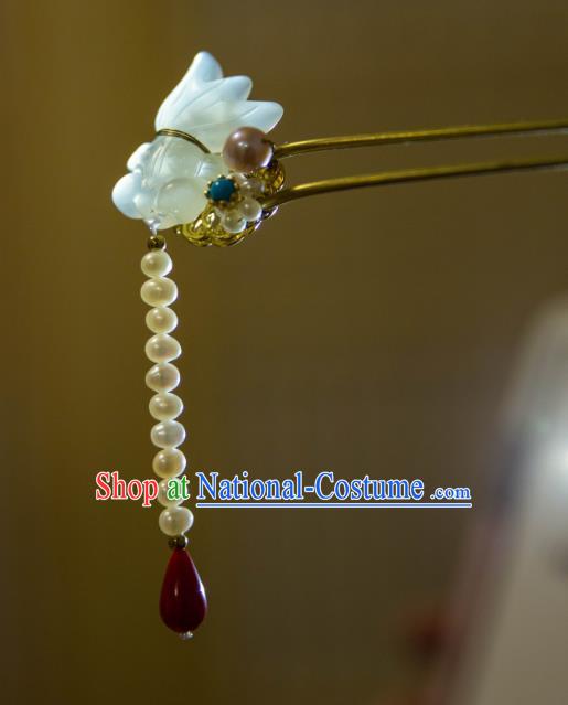 Chinese Ancient Princess Jade Goldfish Hair Stick Handmade Pearls Tassel Hairpin Traditional Hanfu Hair Accessories