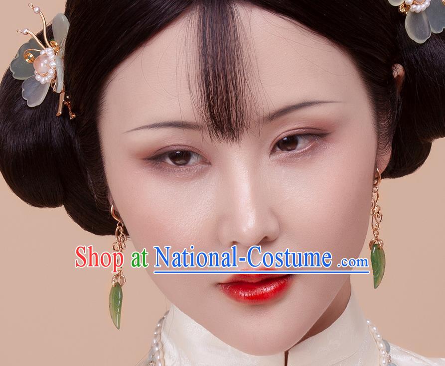 China Traditional Ming Dynasty Earrings Ancient Princess Jade Leaf Ear Jewelry