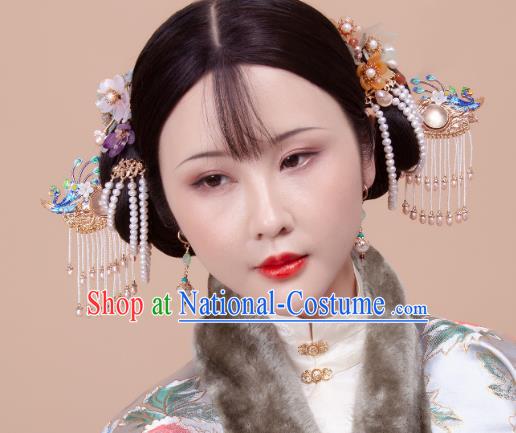 Chinese Handmade Blueing Phoenix Hairpin Traditional Ming Dynasty Hanfu Hair Accessories Ancient Empress Pearls Tassel Hair Stick