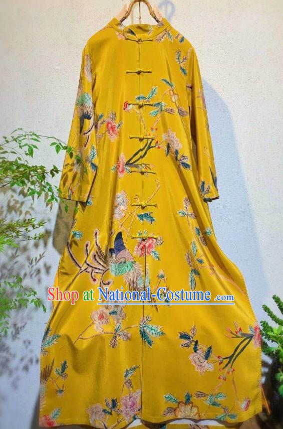 Chinese National Clothing Printing Phoenix Peony Qipao Dress Traditional Yellow Cheongsam