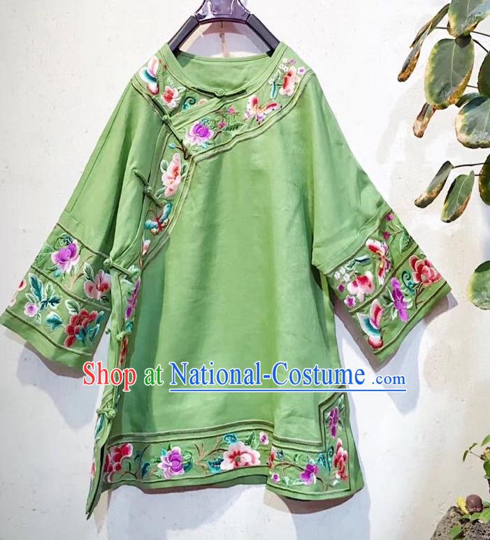 China Traditional Green Flax Blouse Tang Suit Shirt Clothing National Embroidered Upper Outer Garment