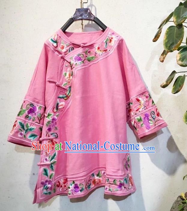 China National Embroidered Upper Outer Garment Traditional Pink Flax Blouse Tang Suit Shirt Clothing