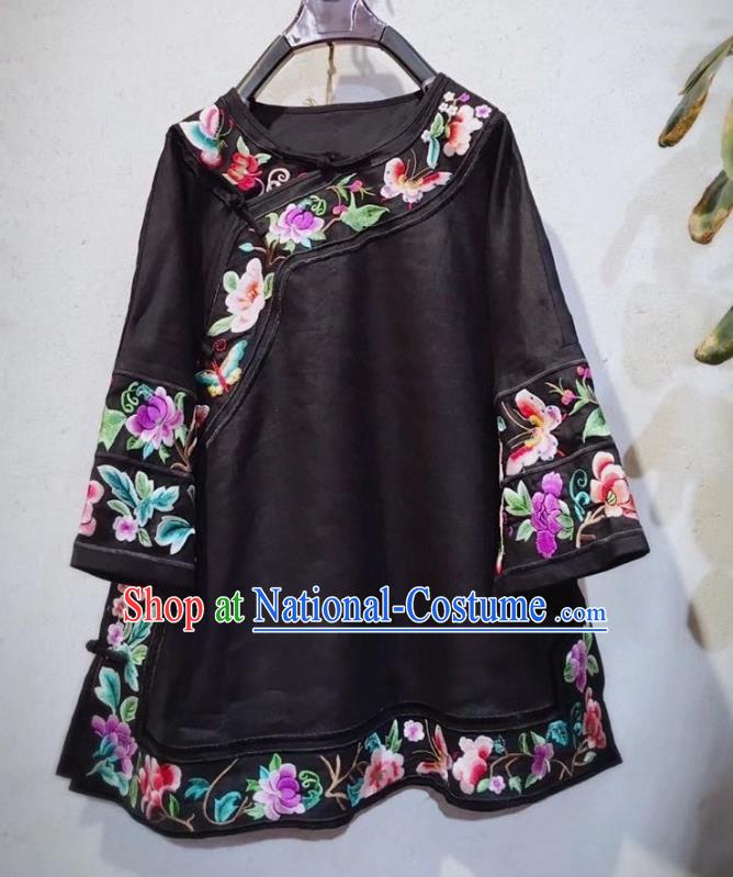 China Tang Suit Upper Outer Garment National Embroidered Shirt Clothing Traditional Black Flax Blouse