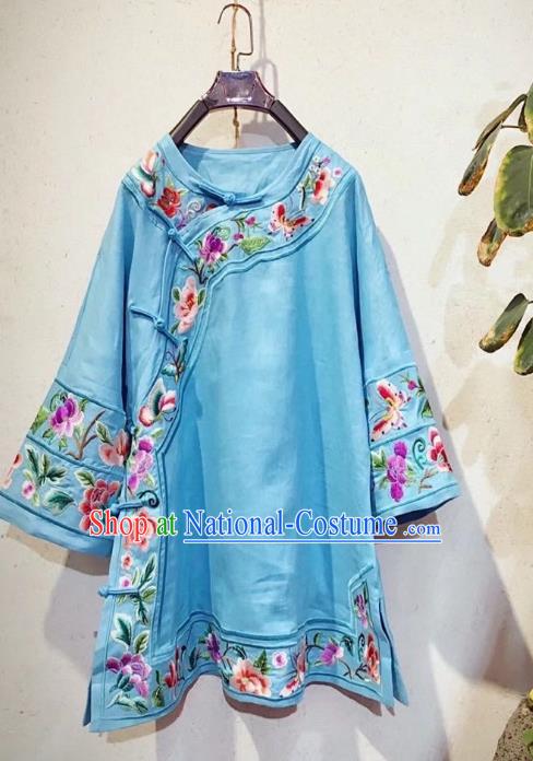 China Tang Suit Shirt Clothing National Embroidered Upper Outer Garment Traditional Blue Flax Blouse