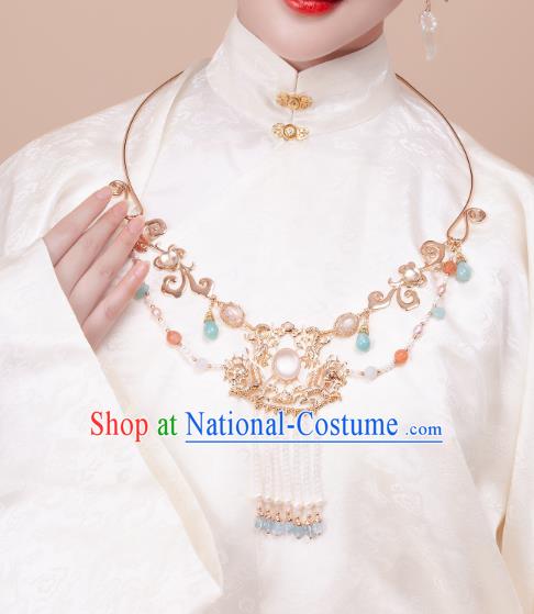 China Traditional Hanfu Beads Tassel Necklace Handmade Ancient Princess Golden Dragon Necklet Accessories