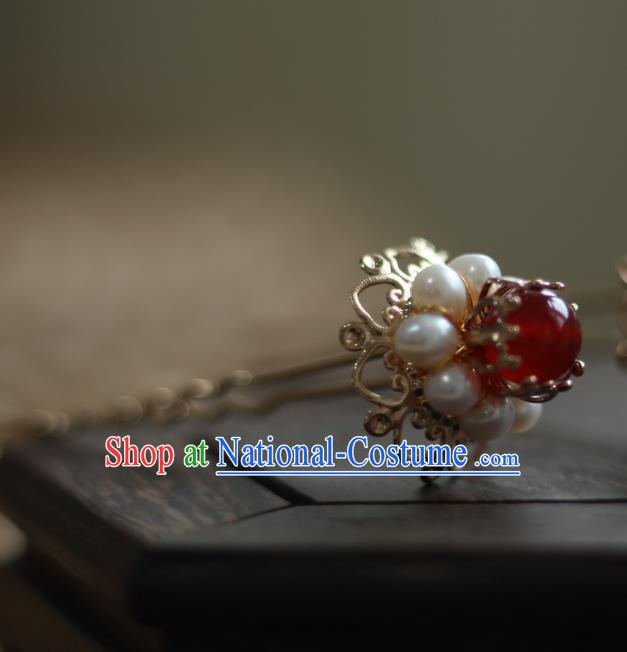 Chinese Handmade Golden Hair Stick Traditional Ming Dynasty Empress Red Bead Hairpin