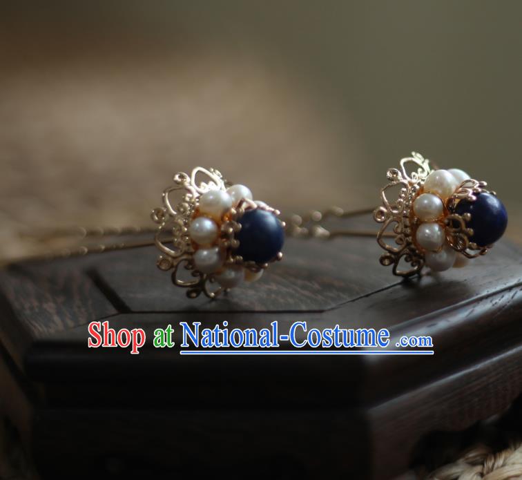 Chinese Handmade Pearls Hair Stick Traditional Ming Dynasty Princess Lapis Golden Hairpin