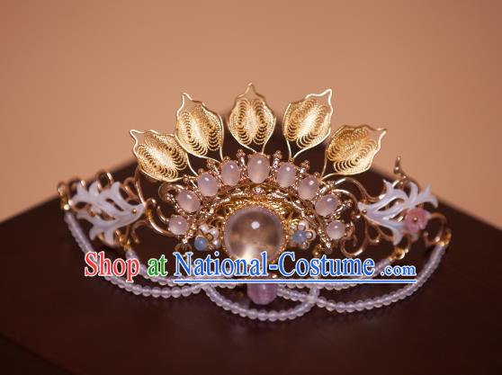 Chinese Handmade Beads Tassel Hairpin Traditional Ming Dynasty Princess Golden Leaf Hair Crown